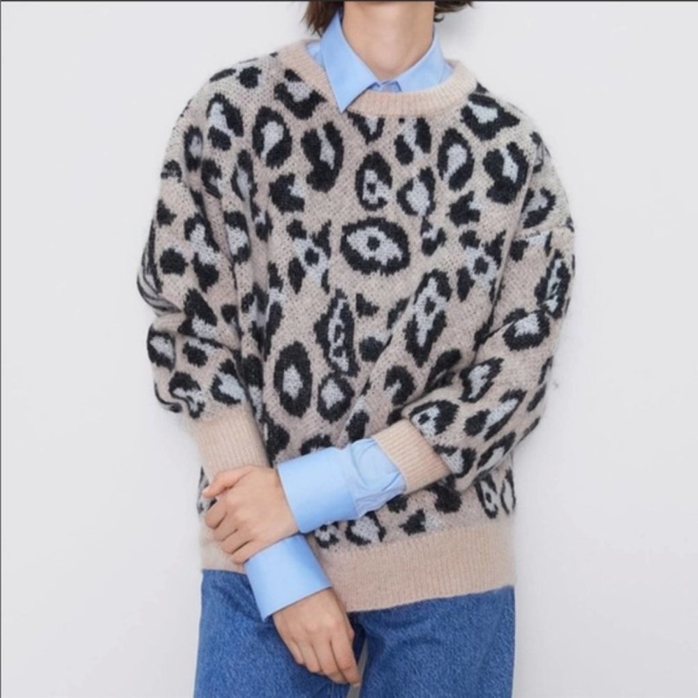 Zara Mohair Pink Leopard Animal Print Oversized Sweater Size Small Like New